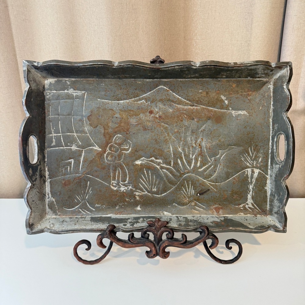 Vintage Rustic Southwestern Tray Set‎ of 2 Embossed Desert Cactus Scene